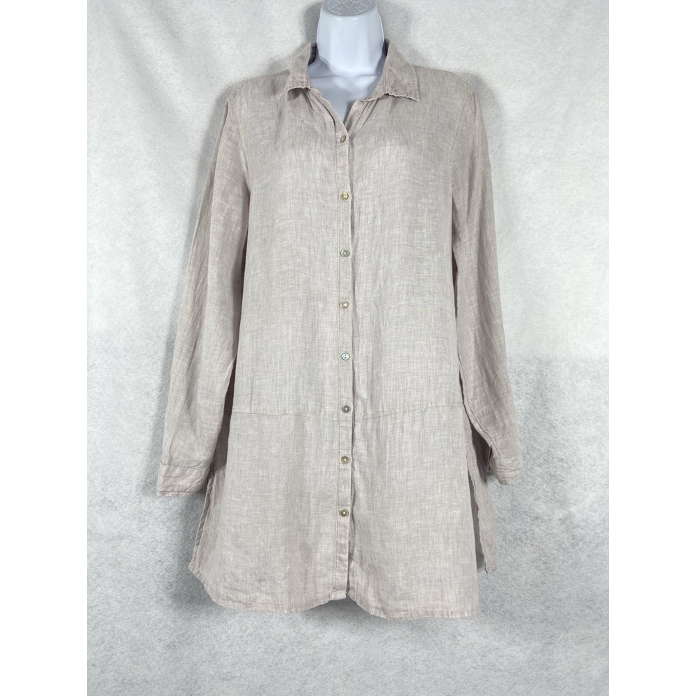 Tahari Top Womens Medium‎ Beige Tunic Button Up Long Sleeves 100% Linen Coastal